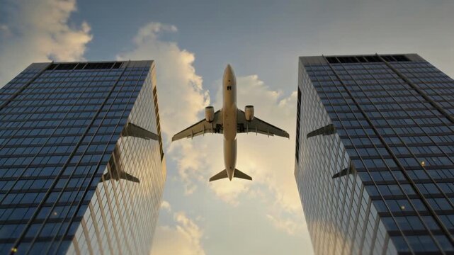 Passenger airplane flies low between mirrored skyscrapers at sunset, reflections doubling the aircraft across glass facades, creating a dramatic urban aviation scene with cinematic symmetry.