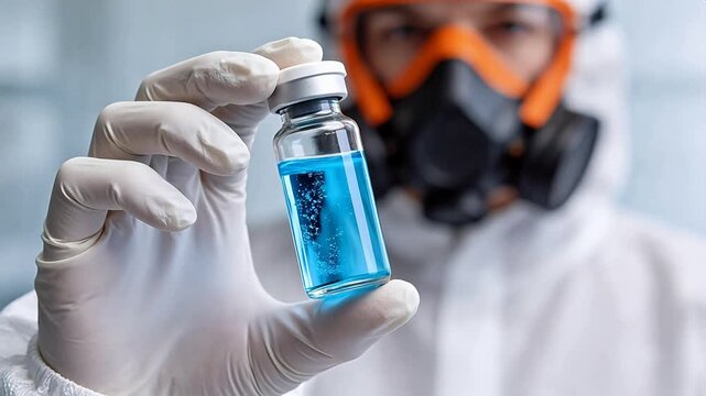 Person in protective gear holding a vial