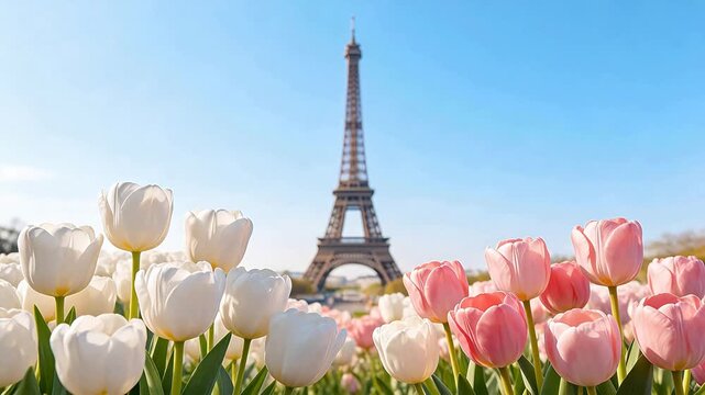 Tulips in front of Eiffel Tower
