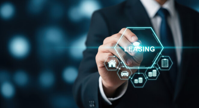 Digital leasing service and asset financing concept with business professional selecting leasing solution on virtual interface for vehicle, property and equipment financing management