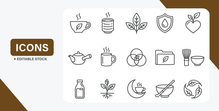 Green tea and matcha icon set with wellness, antioxidant, and beverage symbols
