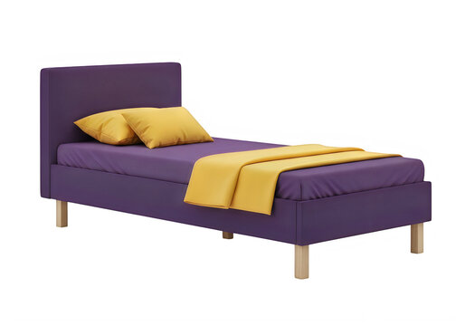 Modern purple daybed with yellow throw pillows and wooden legs isolated on transparent background