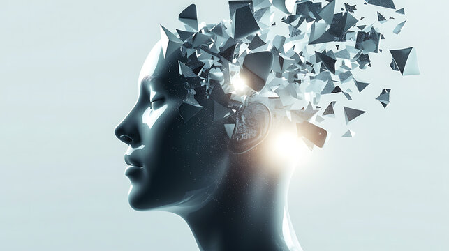 Futuristic human head dissolving into fragments and particles. Concept of mental health, digital mind, artificial intelligence, memory loss, identity, stress, and psychological transformation