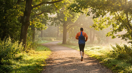 Obraz premium Man running along a forest path in morning light with mist and sunbeams