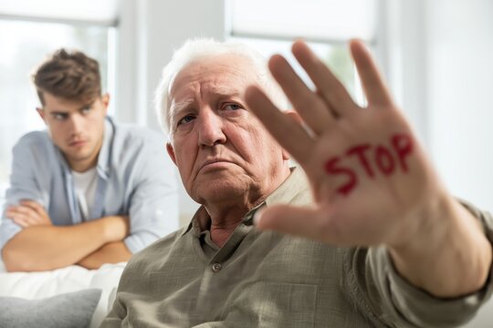 Defiant Senior Man Protests Elder Neglect from an Indifferent Young Man
