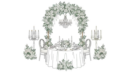Naklejka premium Elegant Wedding Table Setting Under Floral Arch with Chandelier