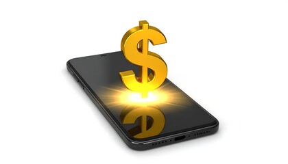 Obraz premium A gold dollar sign sits atop a smartphone, with a bright light emanating from beneath it, symbolizing digital wealth and finance