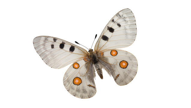 Parnassius apollo butterfly with black spots and orange eyespots, isolated on transparent background