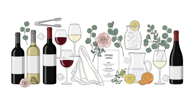 Elegant Wine Tasting Event Setup: Bottles, Glasses, Fruit, and Flowers Illustration