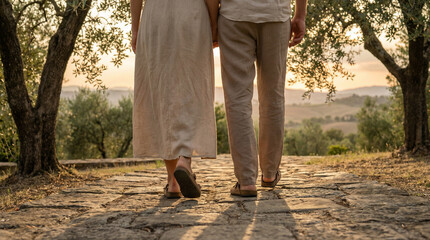 Obraz premium Close-up from behind of couple walking on stone path through olive trees, neutral linen clothing, soft evening light, dappled shadows, Tuscan landscape, quiet luxury