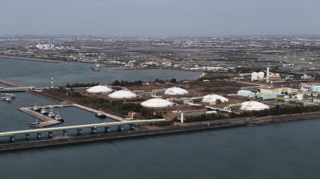 Aerial view of lng terminal and industrial port