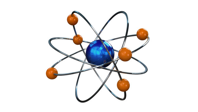 Blue nucleus atom model with orbiting orange electrons, isolated on transparent background