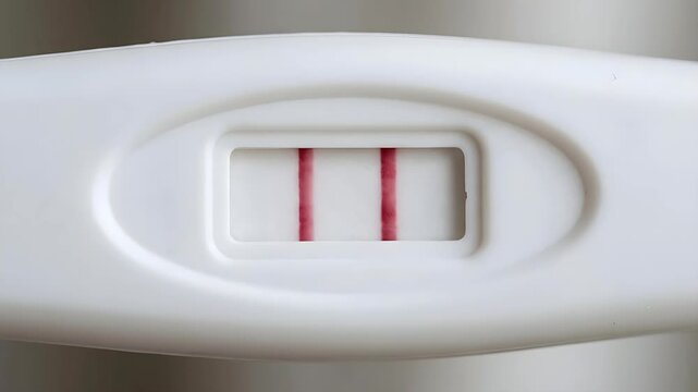 Close up of a white pregnancy test stick showing two red lines for a positive result with soft even lighting and a blurred neutral background