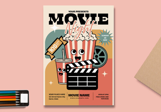 Movie Night Event Poster with Cute Popcorn Cartoon Illustration