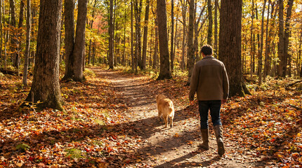 Fototapeta premium Man walking with golden retriever dog along a leaf-strewn forest path in autumn