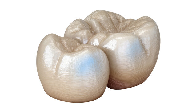 Two realistic ceramic dental crowns, isolated on transparent background