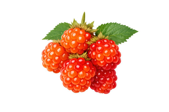 Ripe thimbleberries with green leaves on transparent background