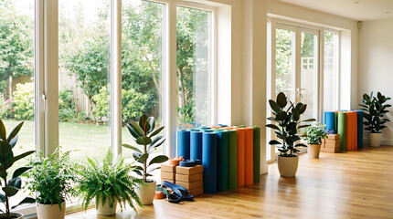 Fototapeta premium Bright yoga studio with green plants and neatly arranged colorful yoga mats