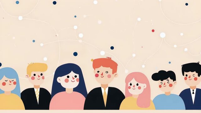 2D illustration of a group of professional people, arranged for teamwork or corporate setting, with copy space for text or design elements