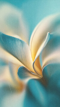 Soft blurred Y2K magnolia flower vintage background on soft teal blue-green backdrop with vertical glitch effect. Delicate white petals in dreamy soft focus with gentle light and abstract distortion c
