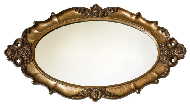 Ornate antique gold oval mirror with decorative carvings, isolated on transparent background