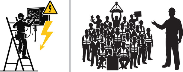 A vector illustration showing a worker on a ladder performing electrical maintenance on the left, and a large group of workers in high-visibility vests being addressed by a supervisor on the right. © reza