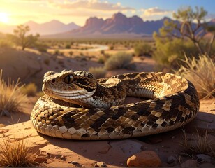 Naklejka premium A large snake coiled on desert sand with mountains