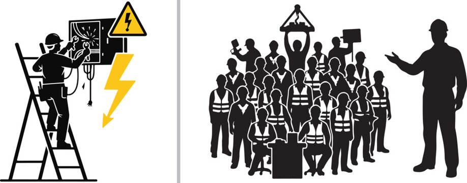 A vector illustration showing a worker on a ladder performing electrical maintenance on the left, and a large group of workers in high-visibility vests being addressed by a supervisor on the right.