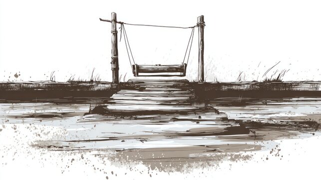Illustration of a rustic wooden swing set near a body of water with a sketch-like aesthetic