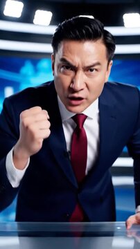 An angry male news anchor in a suit gestures emphatically while reporting on a broadcast, conveying strong emotion and urgency to the audience