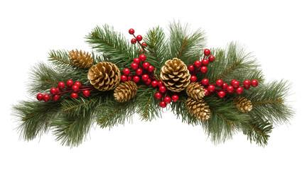 Christmas garland with pine cones red berries and pine needles, isolated on transparent background © PROSTOCK