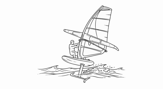 Line drawing of windsurfer on hydrofoil board skimming waves