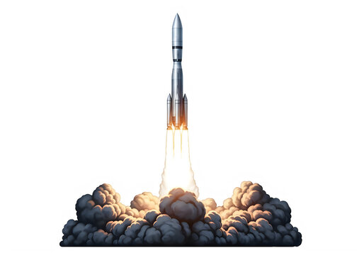 A powerful rocket launching amidst a fiery explosion at liftoff isolated on transparent background