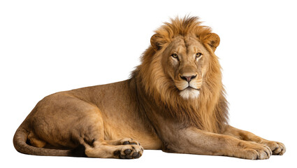 Obraz premium Majestic male lion with thick mane resting, isolated on transparent background