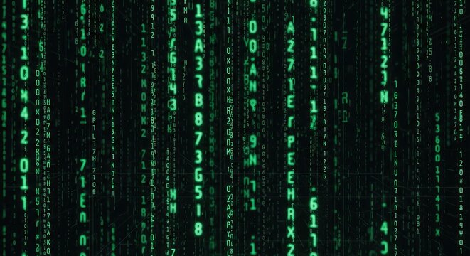 Green code matrix screen with numbers and letters background wallpaper poster banner download 2026 2027