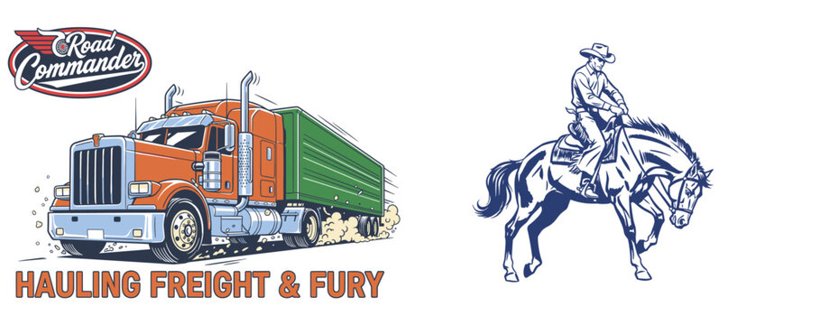 Road commander truck and cowboy design. Retro western horse rider artwork. Hauling freight and fury graphic. Vintage truck design. Western rodeo.