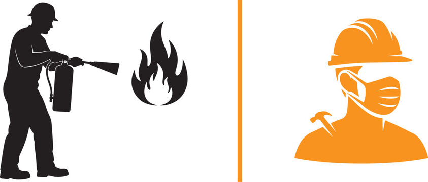 A vector graphic featuring a black silhouette of a worker using a fire extinguisher, and an orange silhouette of a worker wearing a hard hat and a protective face mask.