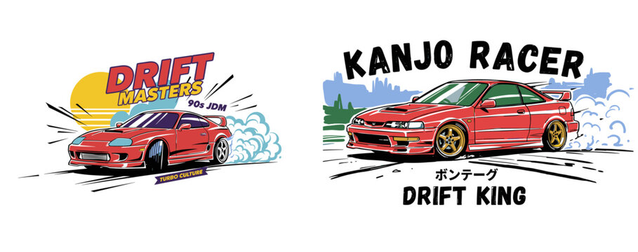 Kanjo racer drift king design. JDM sports car graphic apparel. Turbo culture artwork. Racing speed poster. Drift masters vector.