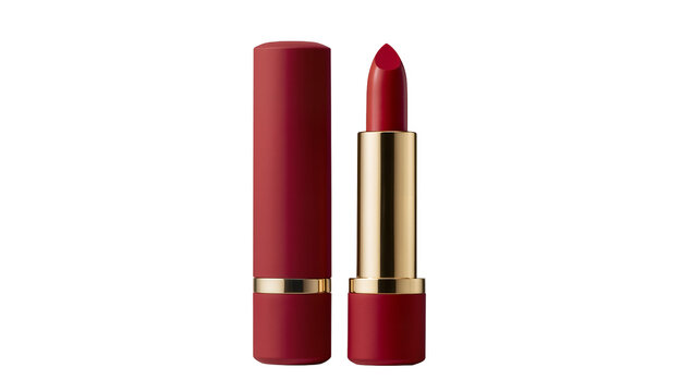 Red lipstick with gold accents and cap, isolated on transparent background