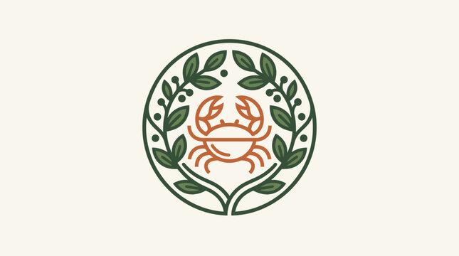 Elegant Crab Emblem With Foliage In Circle