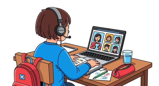 Kid learning online with laptop video call, remote education, distance learning