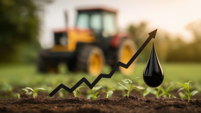 Black oil drop with rising arrow symbolizing fuel price increase, with agricultural tractor working in farm background. Concept of rising costs impacting farming and economy.