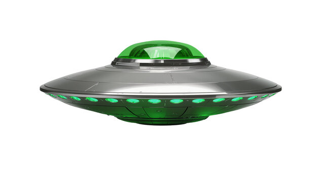 Silver flying saucer with green dome and lights, isolated on transparent background