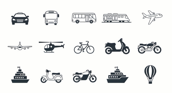 Diverse Transportation Icons: Cars, Planes, Trains, Bikes, Boats, and More