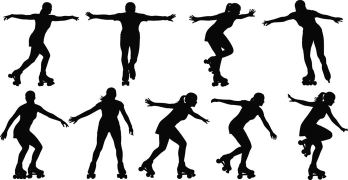 Roller skating silhouette collection, skater poses set, inline quad skates, sport activity, motion movement, people skating, fitness recreation, vector illustration