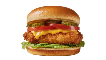 Crispy chicken burger with melted cheese tomato pickles and lettuce, isolated on transparent background © PROSTOCK
