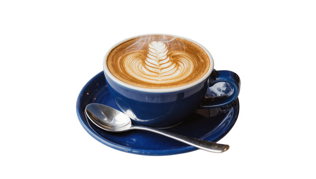 Dark blue ceramic cup with latte art coffee and spoon, isolated on transparent background