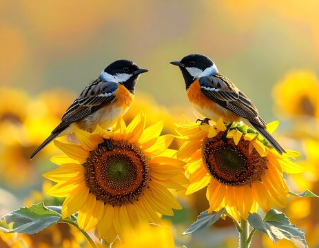 Two small birds perched on large sunflowers