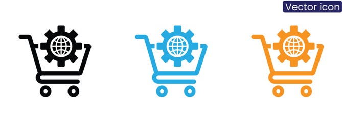Shopping cart with gear and globe on white background vector icon set © graphicsart.one