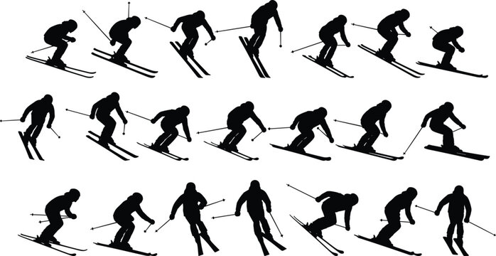 Skiing sequence silhouette, skier motion, winter sport action, downhill skiing, freestyle ski, snow sport, skier jump, alpine movement, ski technique